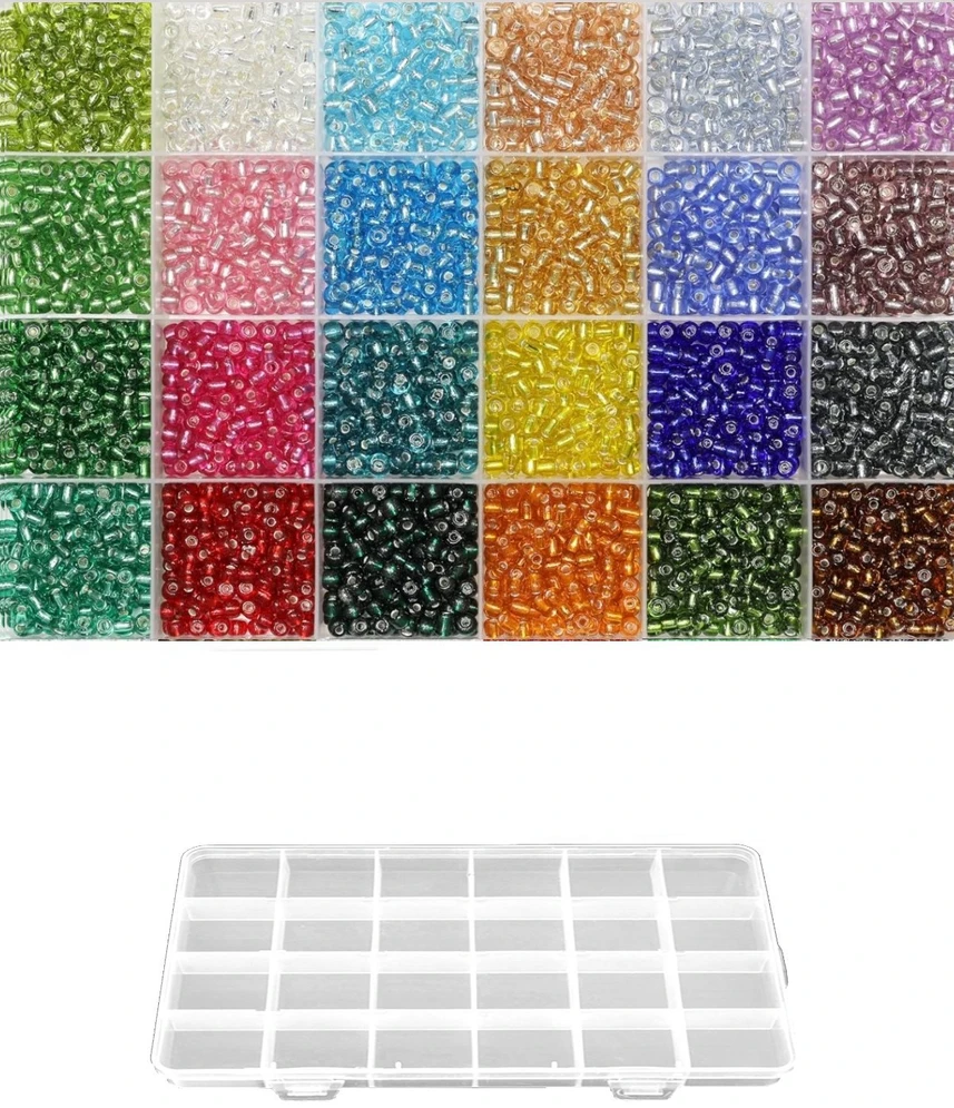 Stiklinių apvalių karoliukų (biserio) 6/0 RainBow® 24 spalvų po 10 g rinkinys su dėžute, tamsus