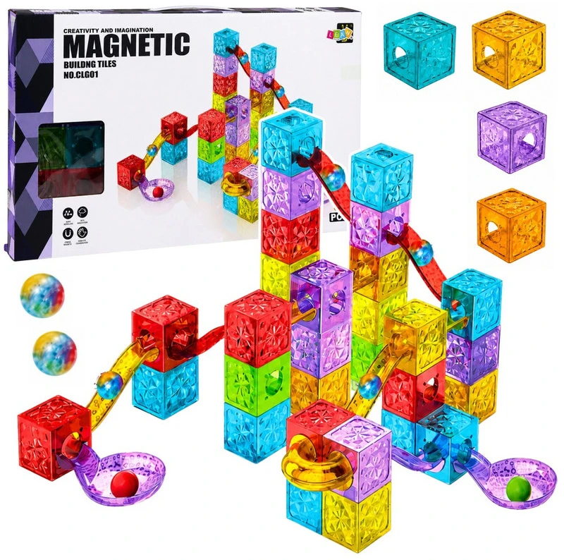 Lean Toys Magnetinės konstravimo kaladėlės su kamuoliukų trasa, 60 vnt.