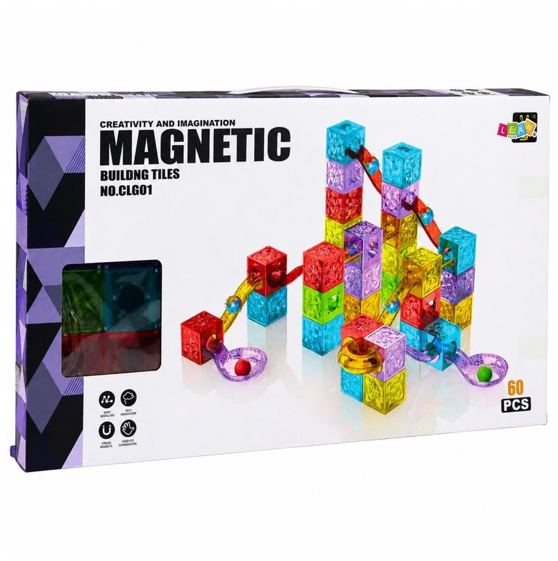 Lean Toys Magnetinės konstravimo kaladėlės su kamuoliukų trasa, 60 vnt.