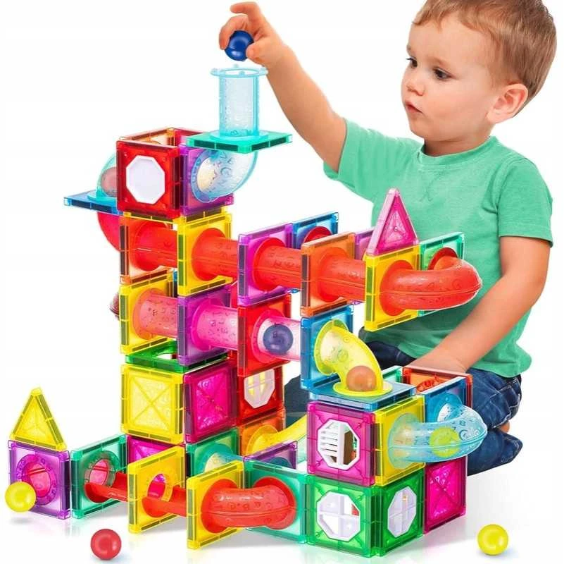 Magnetiniai edukaciniai 3D blokeliai su rutuliukų trasa – 98 dalių