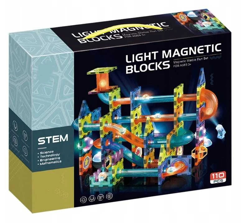 Magnetinių kaladėlių rinkinys su šviečiančia kamuoliukų trasa – 110 detalių