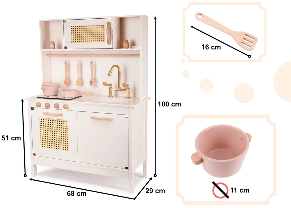 Medinė vaikiška virtuvėlė Retro Boho su priedais, šviesomis ir garsais, 100 cm