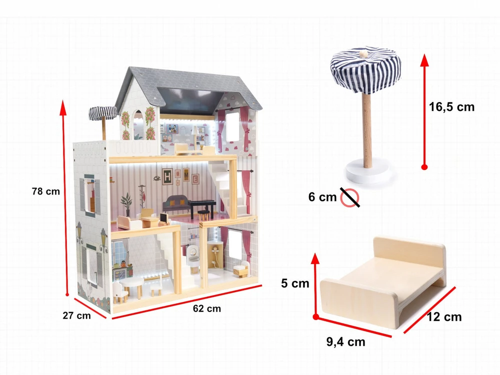 Medinis lėlių namelis su 16 baldų ir LED apšvietimu, 78 cm, baltas