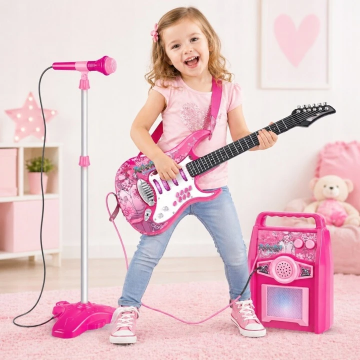 Suprimo vaikiška elektrinė gitara su mikrofonu, stovu ir LED stiprintuvu, rožinė, 72 cm