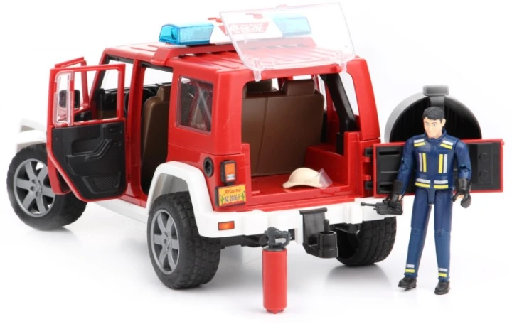 Ugniagesių Jeep Wrangler su ugniagesio figūrėle, šviesomis ir garsais – Bruder 02528