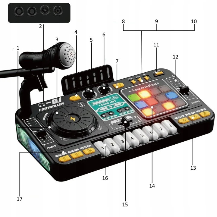 Vaikiška DJ konsolė-mikseris su mikrofonu, pianinu, LED ir Bluetooth, nuo 3 metų
