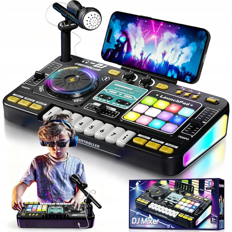 Vaikiška DJ konsolė-mikseris su mikrofonu, pianinu, LED ir Bluetooth, nuo 3 metų