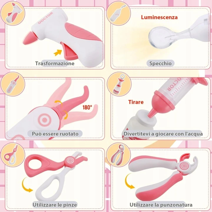 Click4Toys GYDYTOJŲ RINKINYS VAIKAMS PIRMOSIOS PAGALBOS RINKINYS AŠARŲ LOKIS STETOSKOPO VAISTŲ PRIEDAI