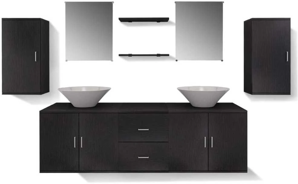 9 Dalių Baldų ir Praustuvo Komplektas Vonios Kambariui, Juodas