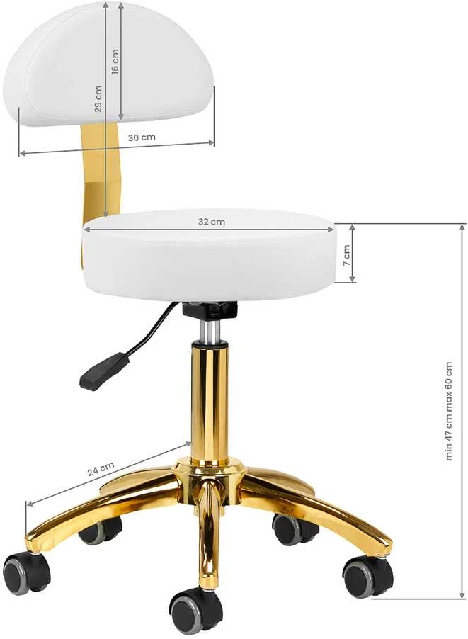 Activeshop Kosmetologinė meistro kėdutė BEAUTY BACKREST ROUND GOLD Baltas