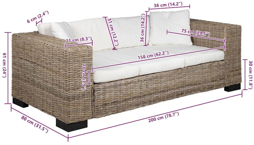Sofa Aštuonių dalių trivietės sofos komplektas, ratanas