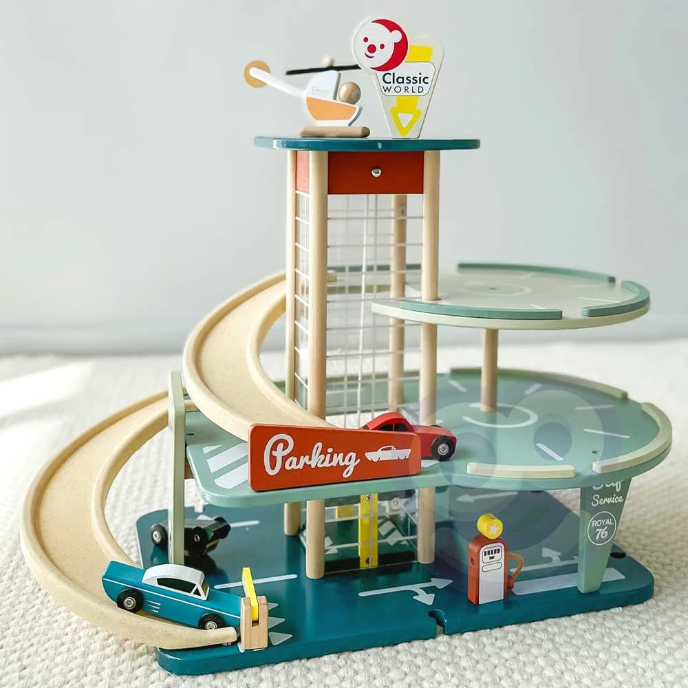 CLASSIC WORLD Automobilių Garažas su Helikopteriu ir Dystiburatoriumi