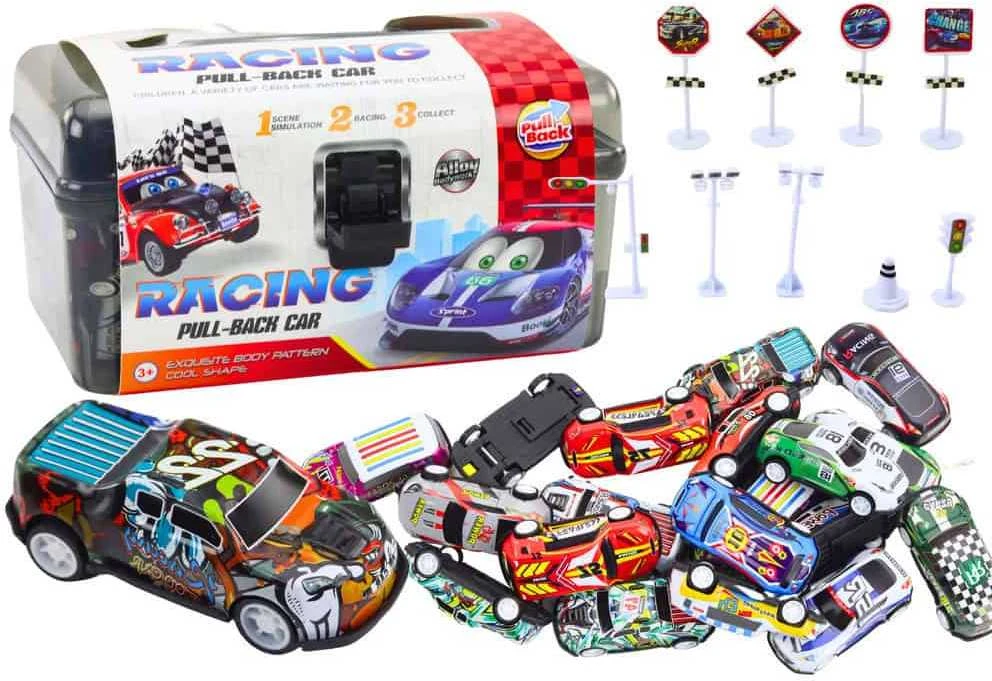Lean Toys 25 dalių automobilių ir kelio ženklų rinkinys lagamine