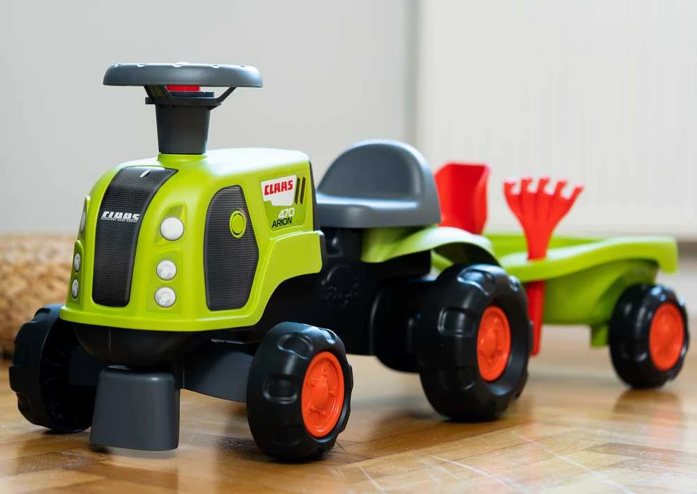 FALK Claas 470 Arion Paspiriama mašinėlė – traktorius su priekaba ir smėlio žaislų rinkiniu
