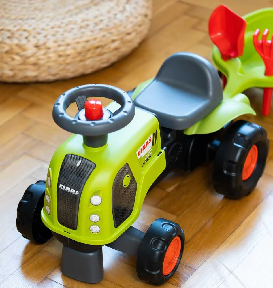 FALK Claas 470 Arion Paspiriama mašinėlė – traktorius su priekaba ir smėlio žaislų rinkiniu