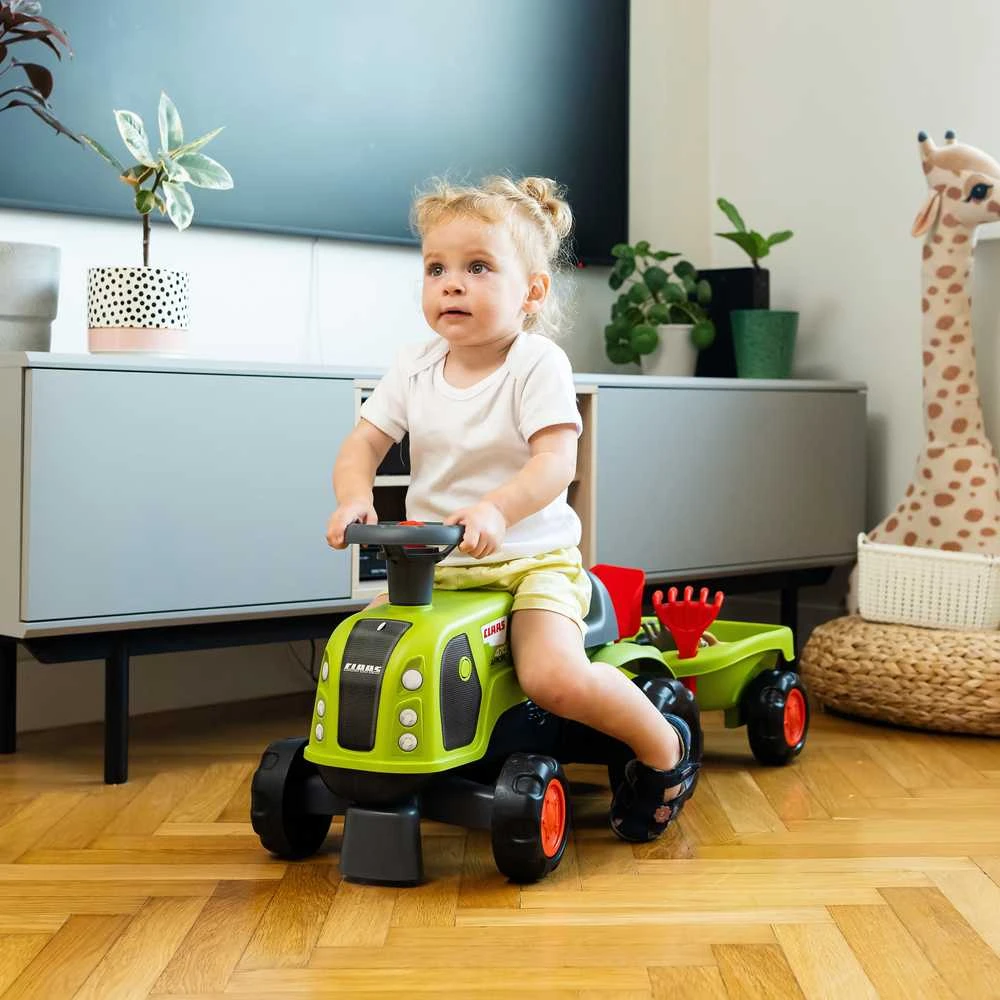 FALK Claas 470 Arion Paspiriama mašinėlė – traktorius su priekaba ir smėlio žaislų rinkiniu