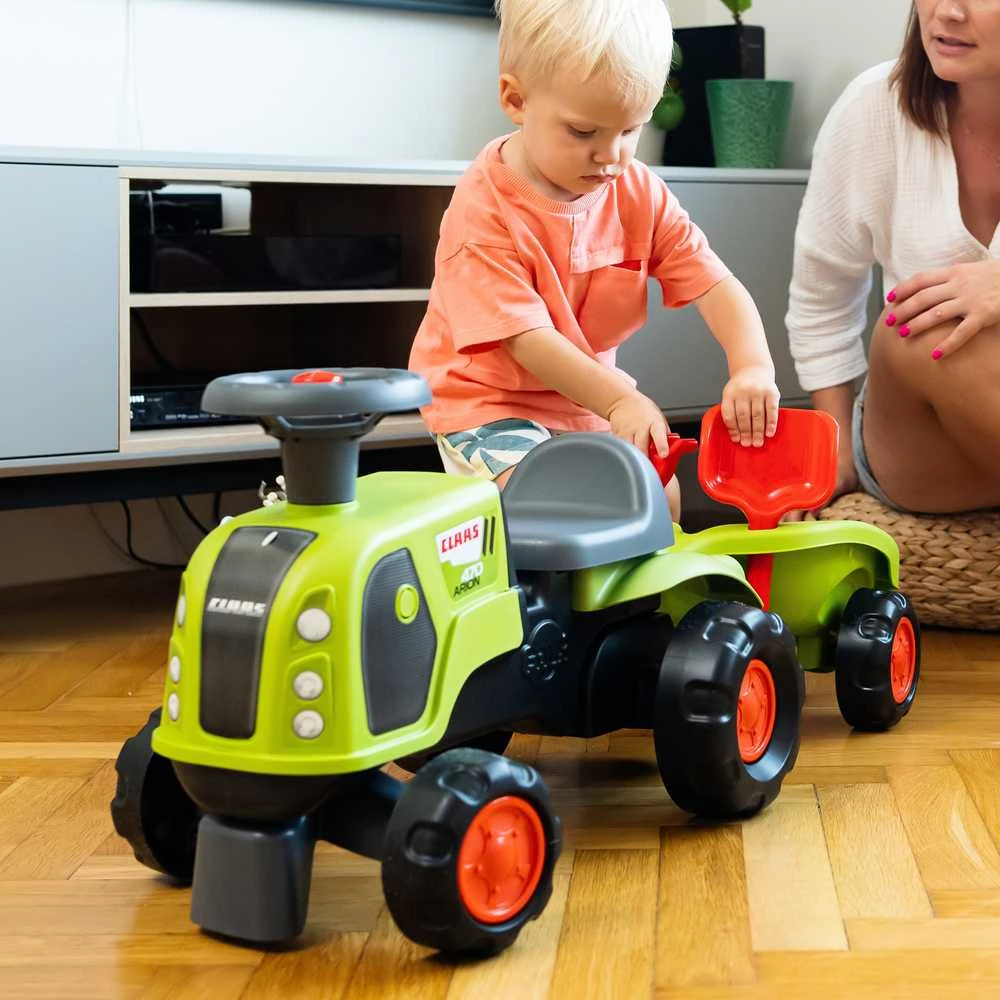 FALK Claas 470 Arion Paspiriama mašinėlė – traktorius su priekaba ir smėlio žaislų rinkiniu