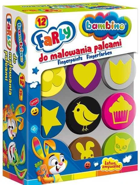 Bambino pirštų dažų rinkinys su 12 spalvotų indelių