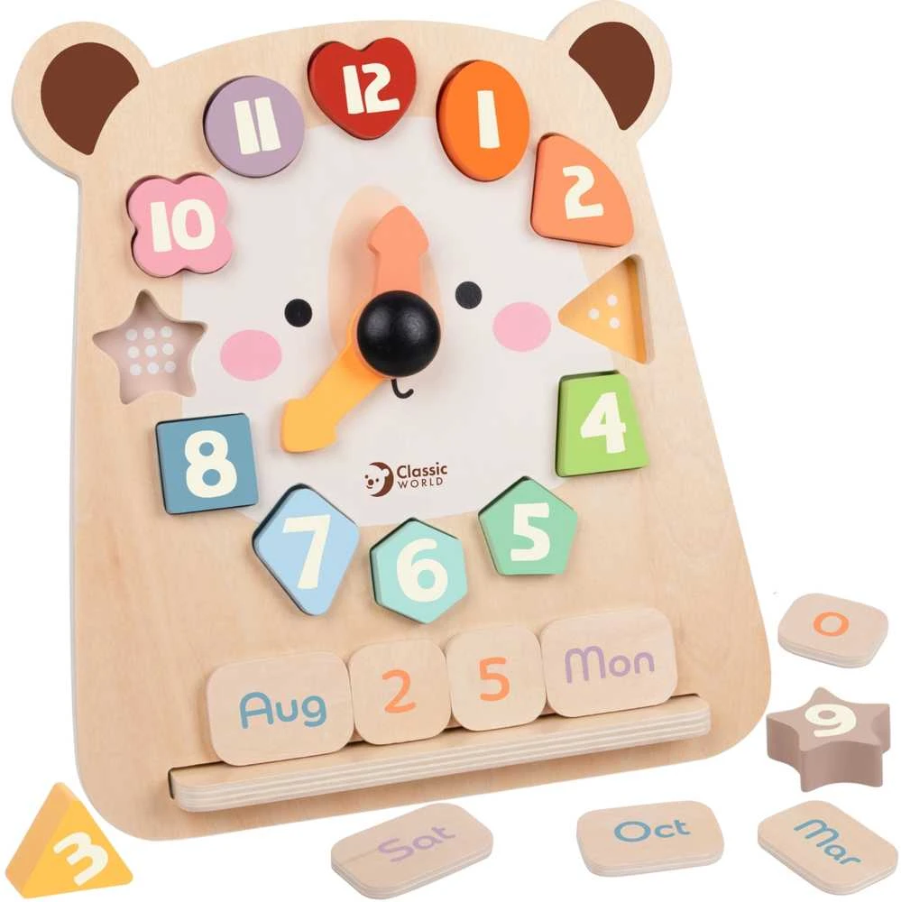 CLASSIC WORLD medinis meškiuko laikrodis Montessori 3in1