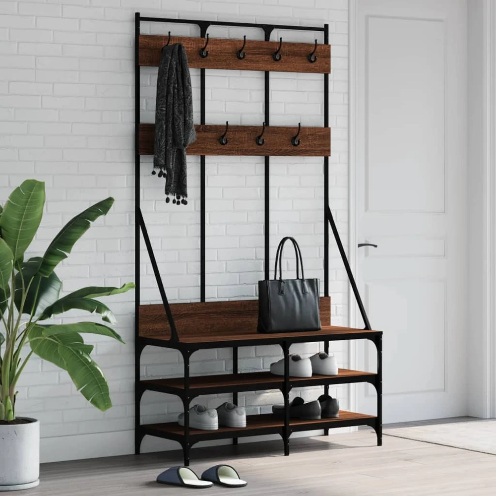 Drabužių kabykla su batų lentynomis, ruda ąžuolo, 100x40x184cm