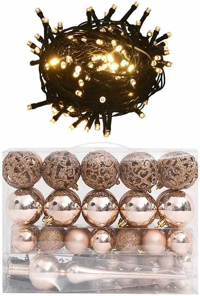 Eglutės žaisliukų rinkinys su viršūne ir 150 LED, 61 dalis