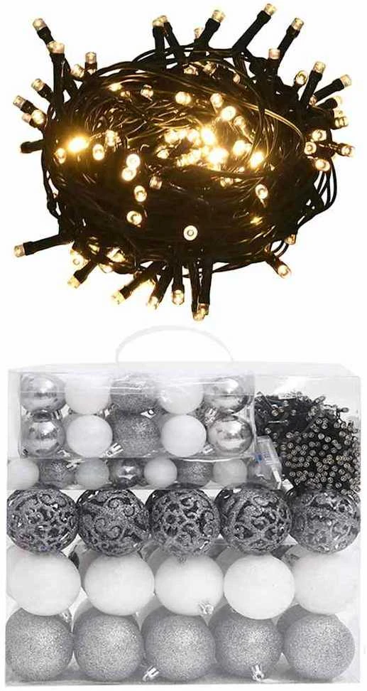 Eglutės žaisliukų rinkinys su viršūne ir 300 LED, 120 dalių