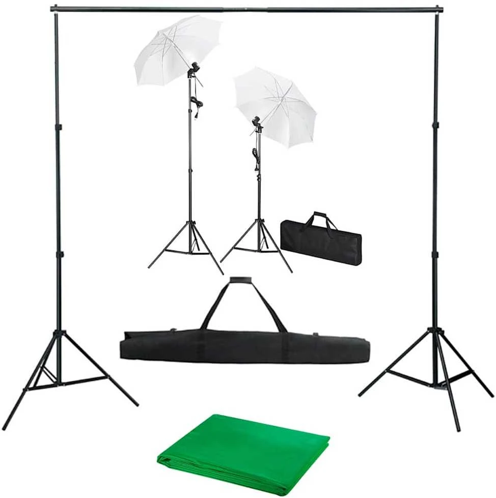 Fotostudijos komplektas su fonu, šviestuvais ir skėčiais
