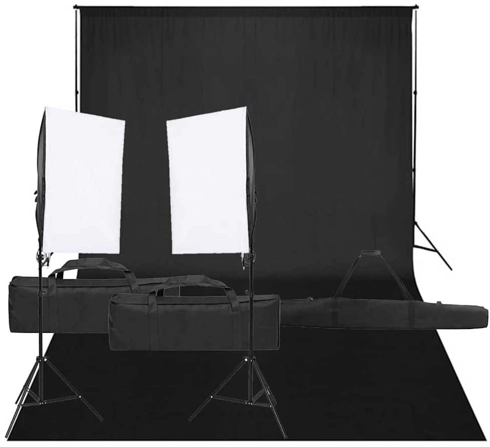 Fotostudijos rinkinys su apšvietimo rinkiniu ir fonu