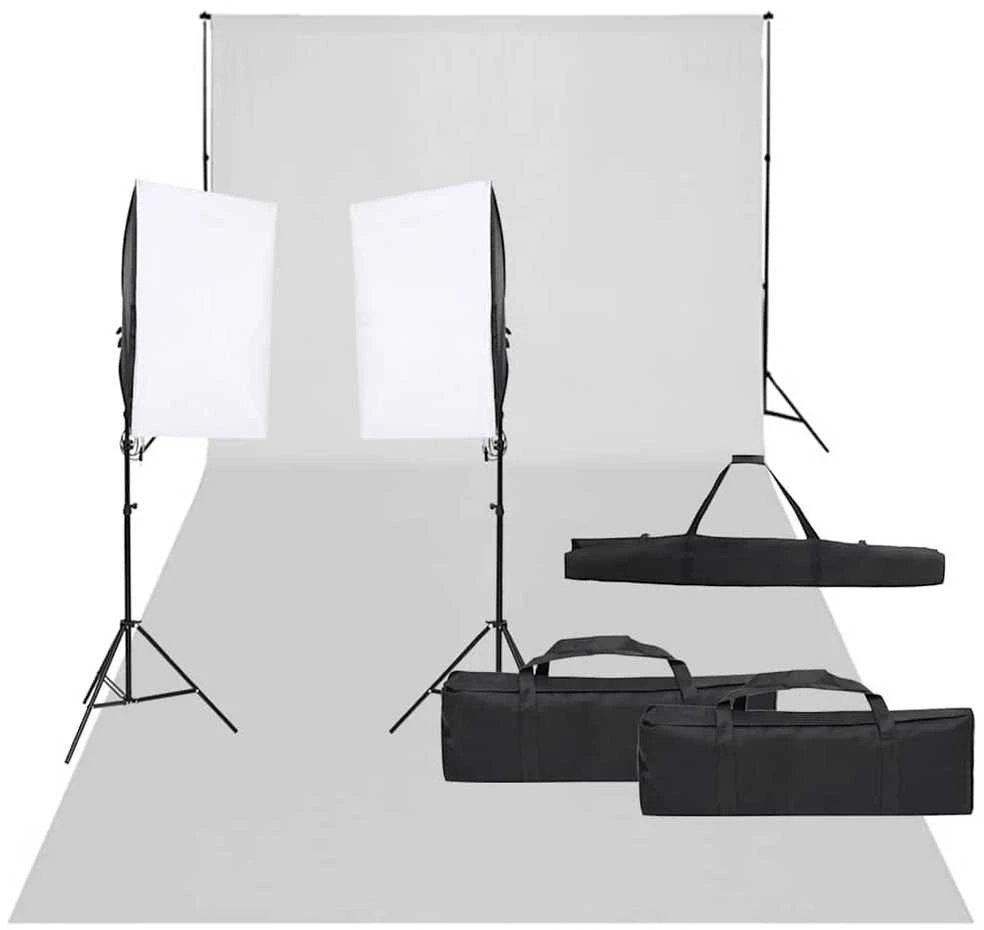 Fotostudijos rinkinys su apšvietimo rinkiniu ir fonu