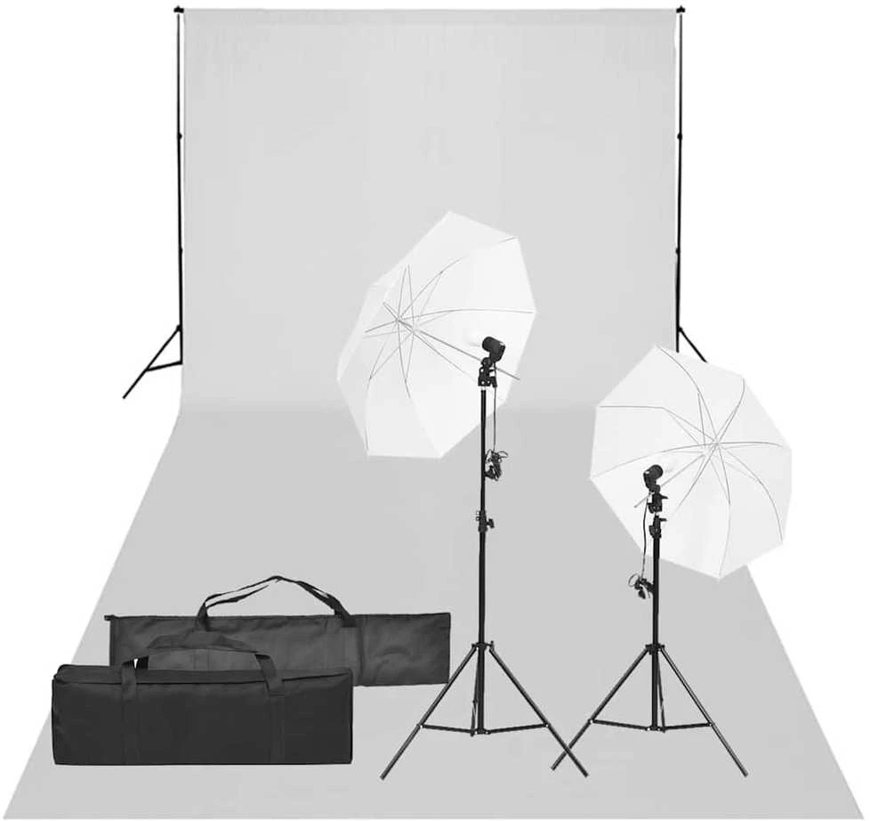 Fotostudijos rinkinys su apšvietimo rinkiniu ir fonu