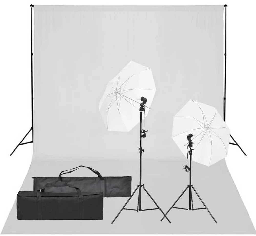 Fotostudijos rinkinys su apšvietimo rinkiniu ir fonu