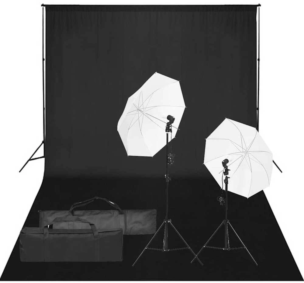 Fotostudijos rinkinys su apšvietimo rinkiniu ir fonu