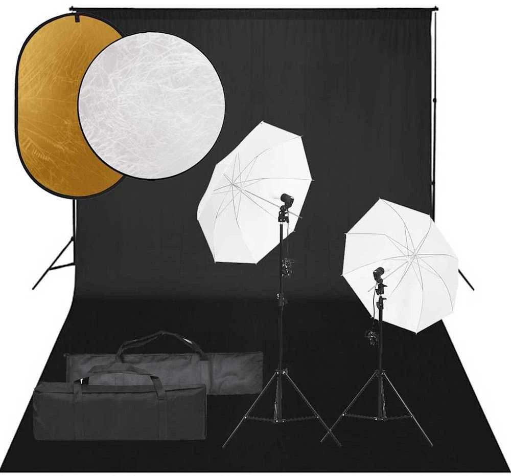 Fotostudijos rinkinys su šviestuvais, fonu ir reflektoriumi