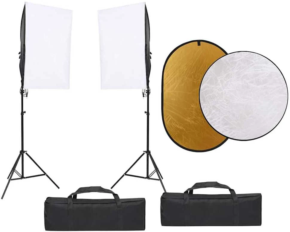 Fotostudijos rinkinys su šviestuvais, fonu ir reflektoriumi