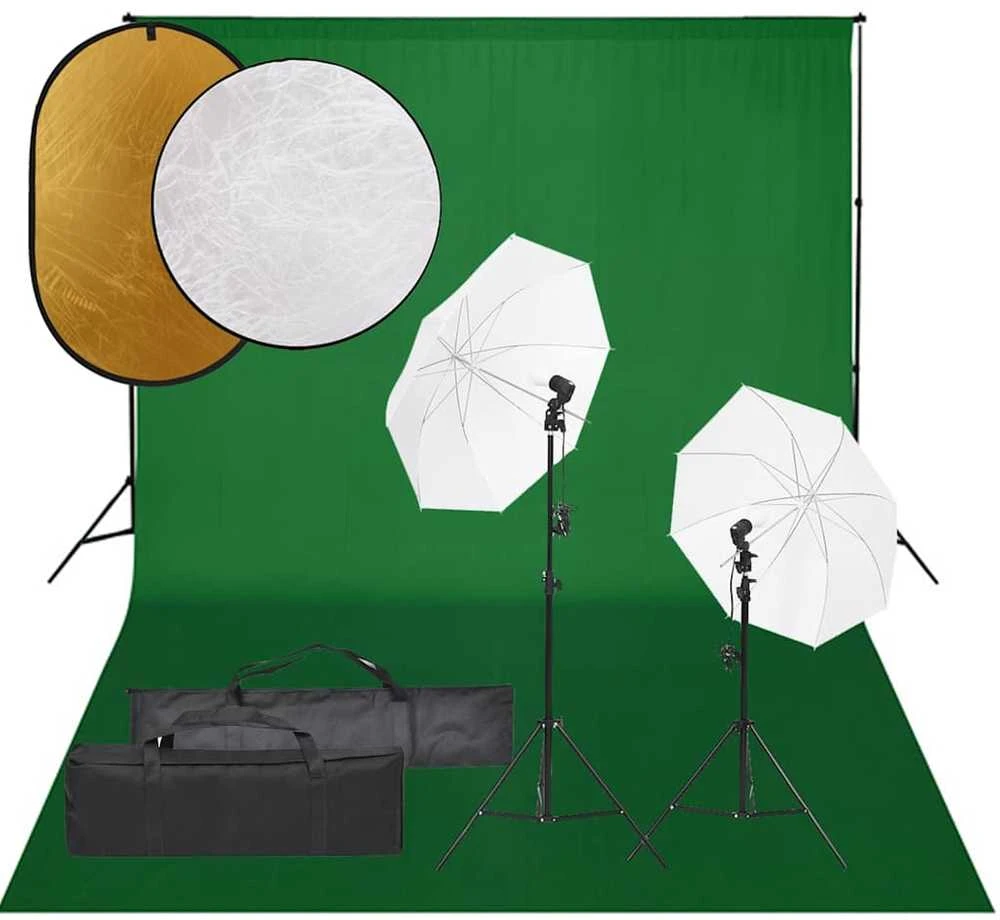 Fotostudijos rinkinys su šviestuvais, fonu ir reflektoriumi