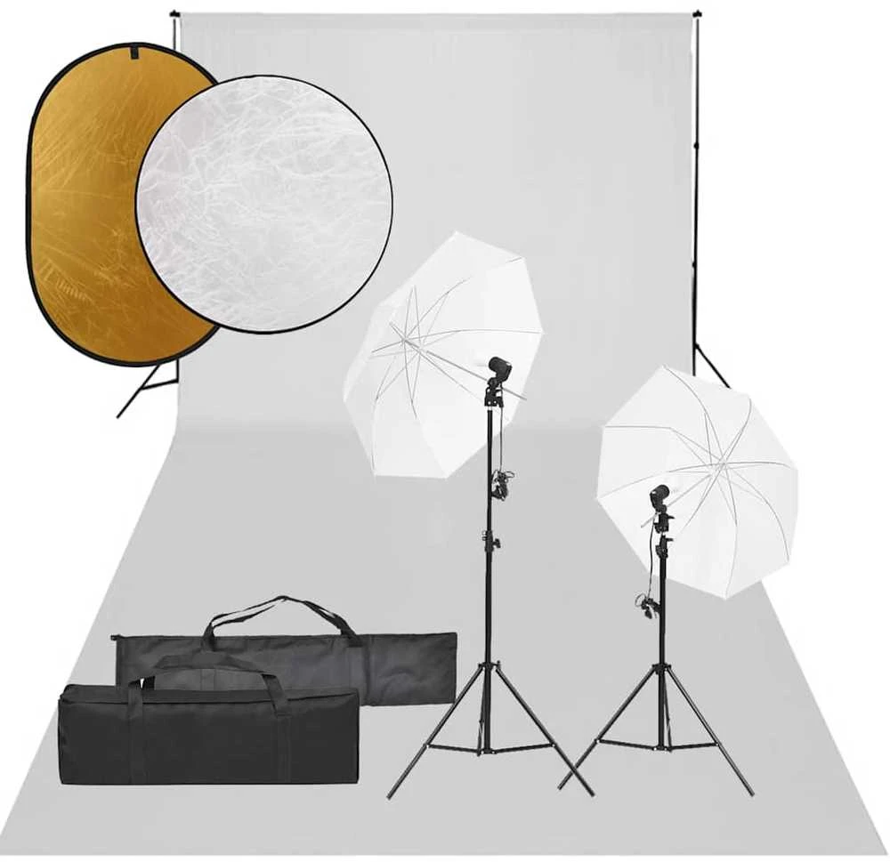 Fotostudijos rinkinys su šviestuvais, fonu ir reflektoriumi