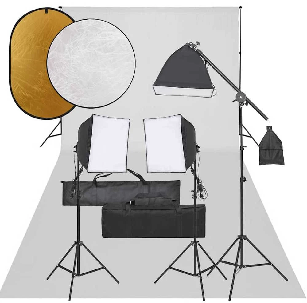 Fotostudijos rinkinys su šviestuvais, fonu ir reflektoriumi