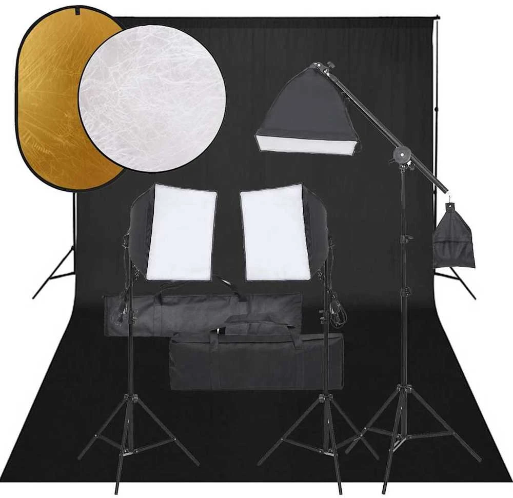 Fotostudijos rinkinys su šviestuvais, fonu ir reflektoriumi