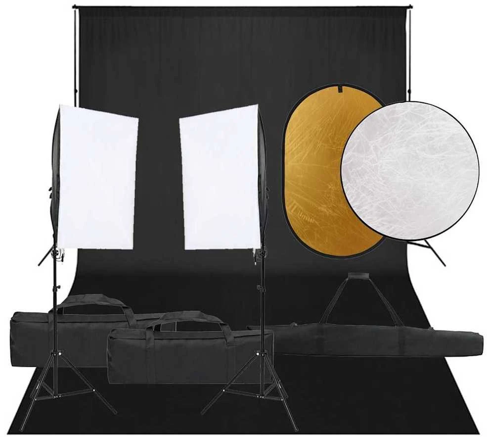 Fotostudijos rinkinys su šviestuvais, fonu ir reflektoriumi