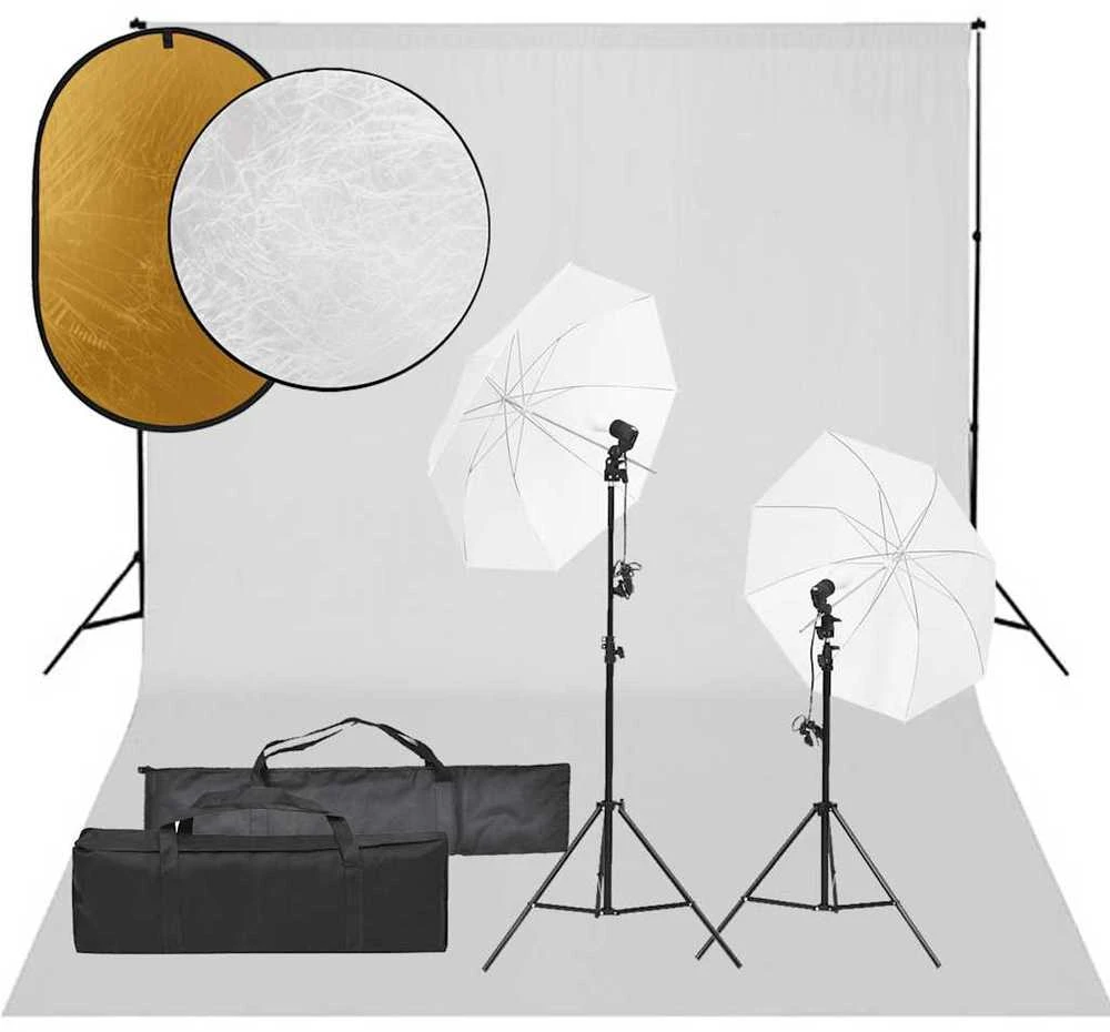 Fotostudijos rinkinys su šviestuvais, fonu ir reflektoriumi