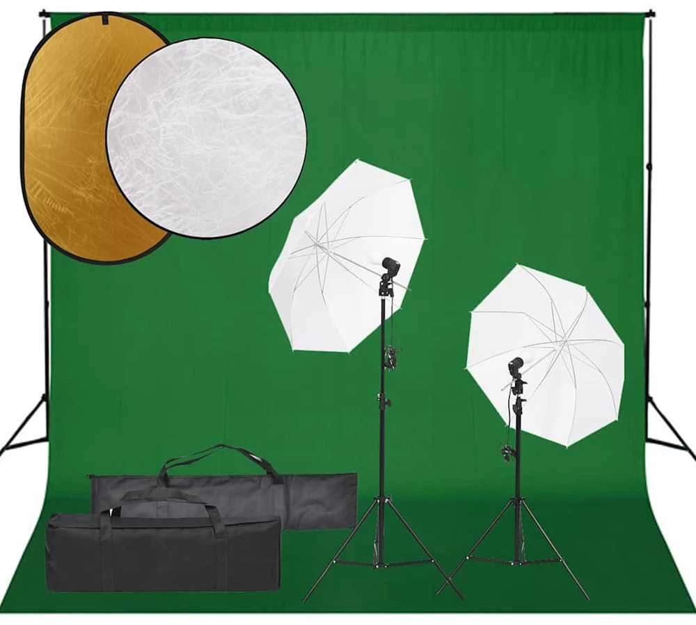 Fotostudijos rinkinys su šviestuvais, fonu ir reflektoriumi