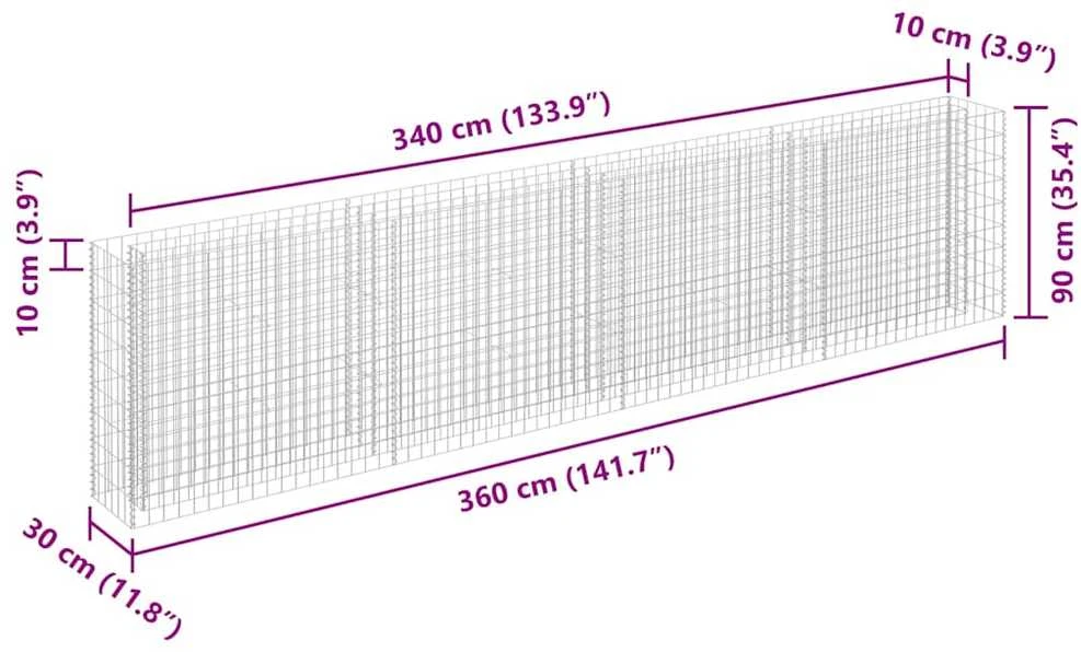 Gabiono vazonas, 360x30x90cm, galvanizuotas plienas, aukštas