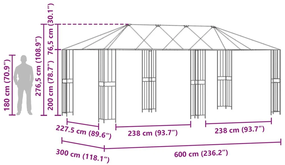 Paviljono rėmas be paviljono audinio 6 x 3 m Juoda Plienas