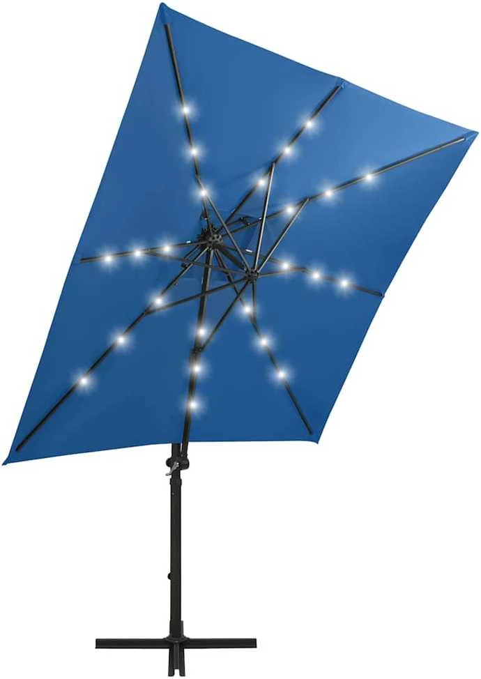 Gembinis skėtis su stulpu ir LED lemputėmis, mėlynas, 250cm
