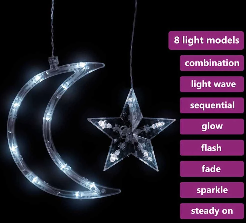 Girlianda žvaigždės ir mėnuliai, 138 šaltos baltos LED lemputės
