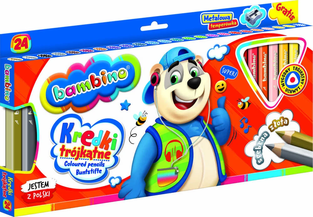 St. Majewski BAMBINO Mediniai trikampiai pieštukai mediniame rėmelyje 24 spalvos + galąstuvas