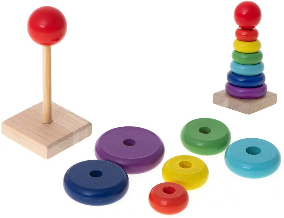Medinė piramidė su spalvotais žiedais, 13,5 cm