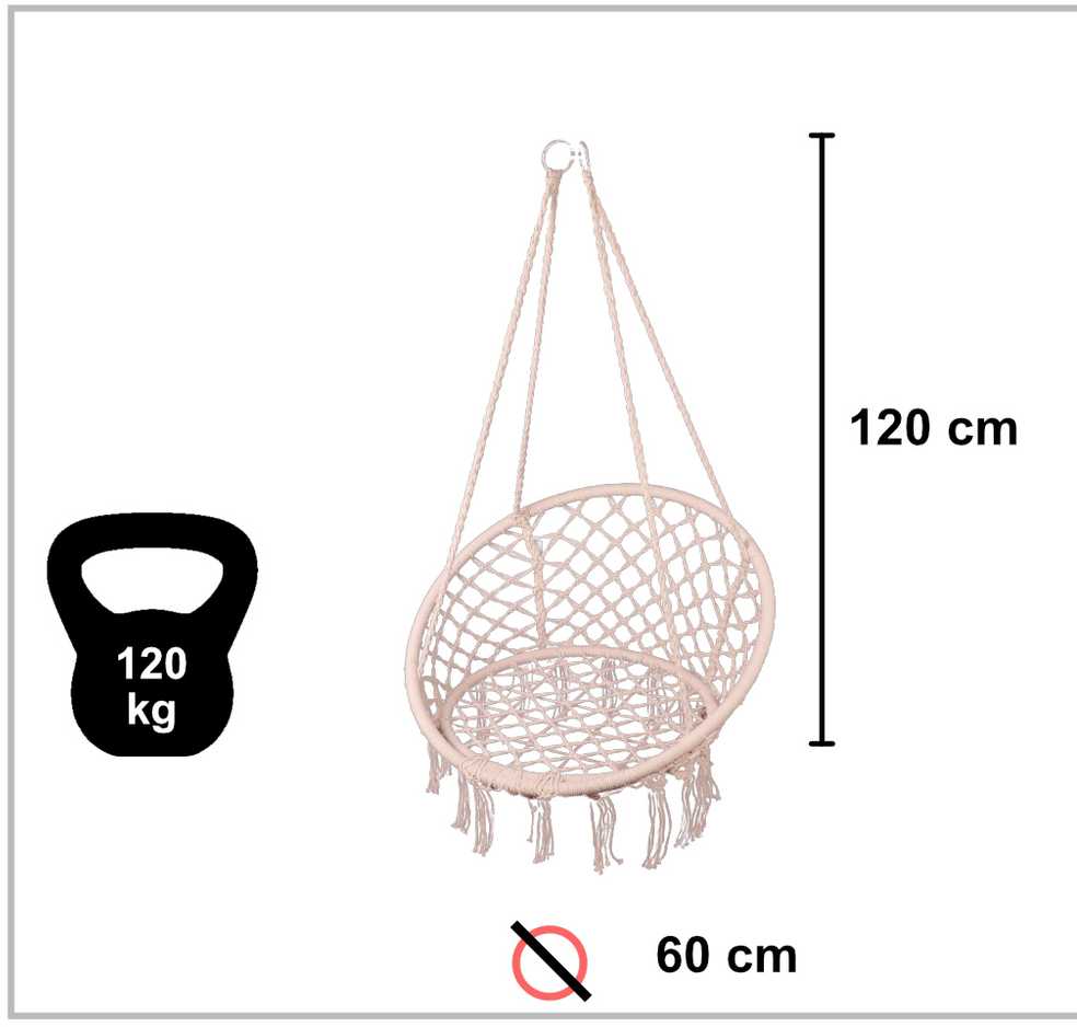Boho stiliaus pakabinamas krėslas su pagalve, 120 kg, ecru spalvos