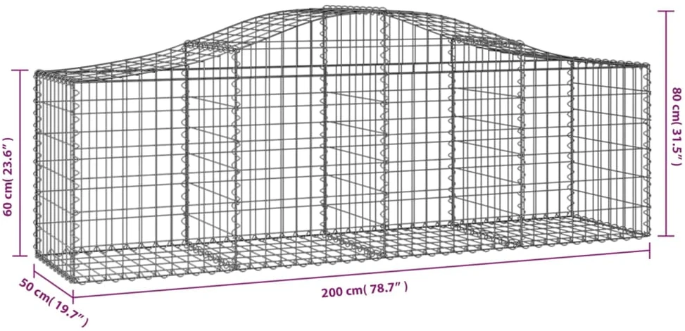 Išlenktas gabiono krepšys, 200x50x60/80 cm, geležis