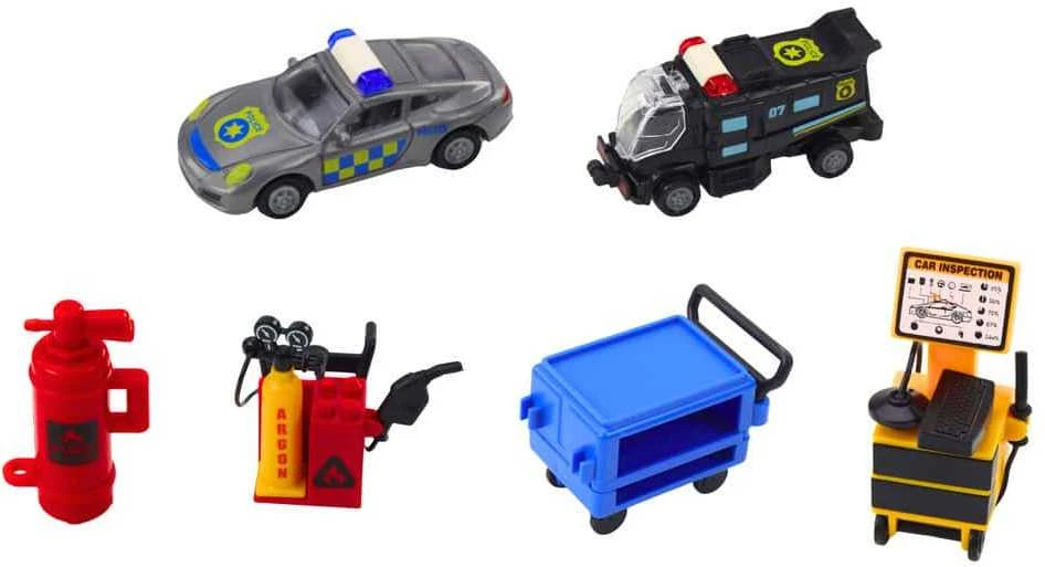 Lean Toys Išplečiamas žaislinis garažo rinkinys lagamine su policijos šviesomis, 56x23x18 cm